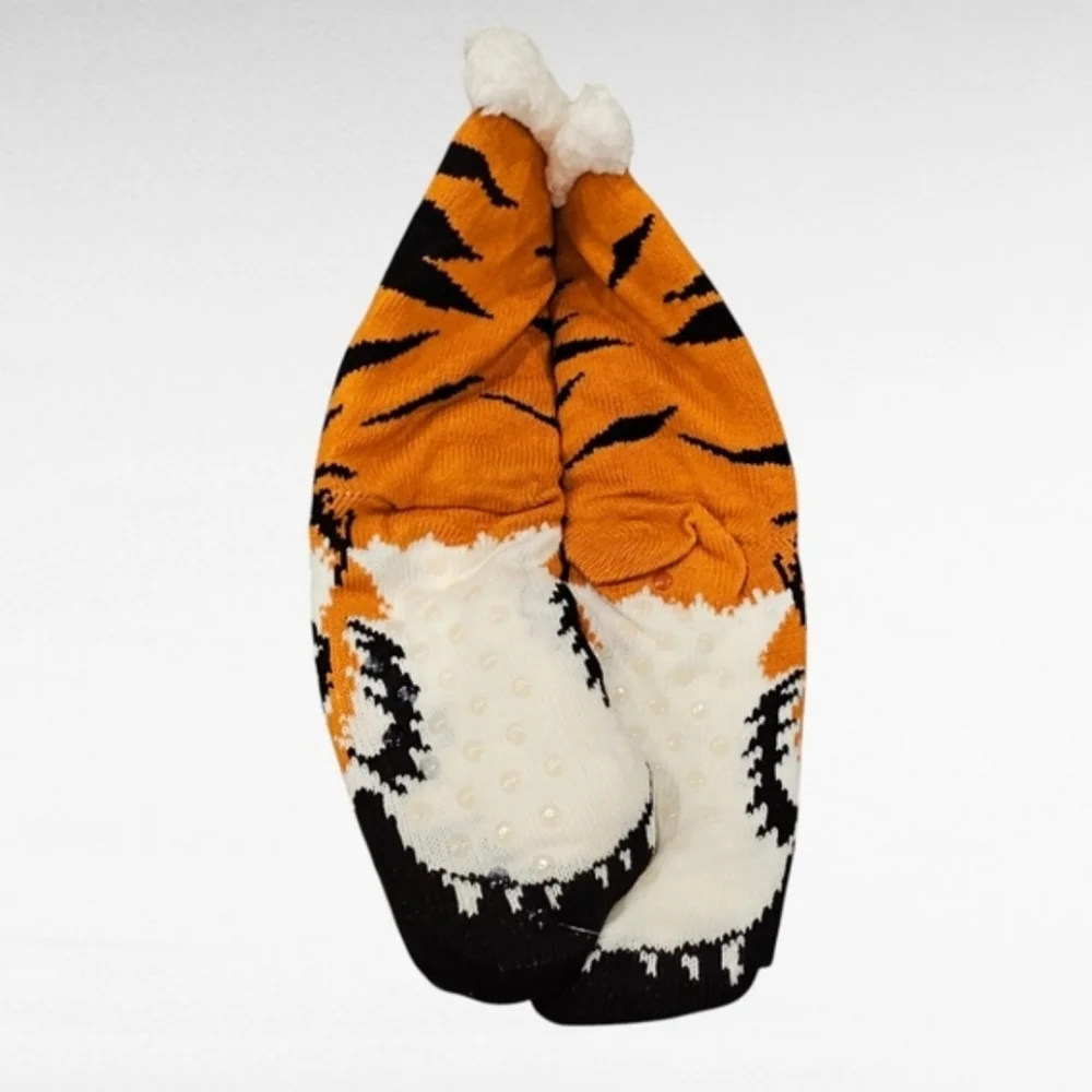 Tiger Sherpa Lined Slipper Socks Non Skid One Size